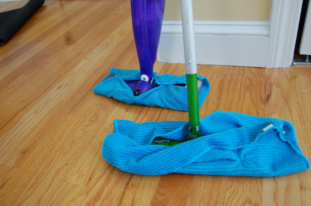Using a microfiber towel to clean floors instead of the disposable
